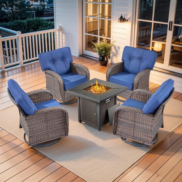 Tidalis Brown 5-Piece Wicker Outdoor Conversation Patio Fire Pit Set with 5 in. Blue Cushions and Swivel Glider Set
