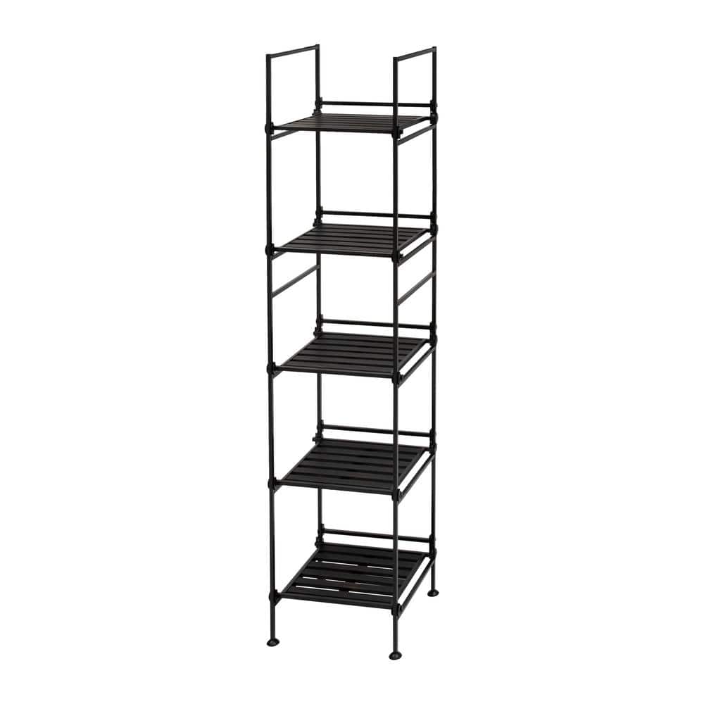 Square Black Wall Unit with Shelves Metal and Wood Multi Section