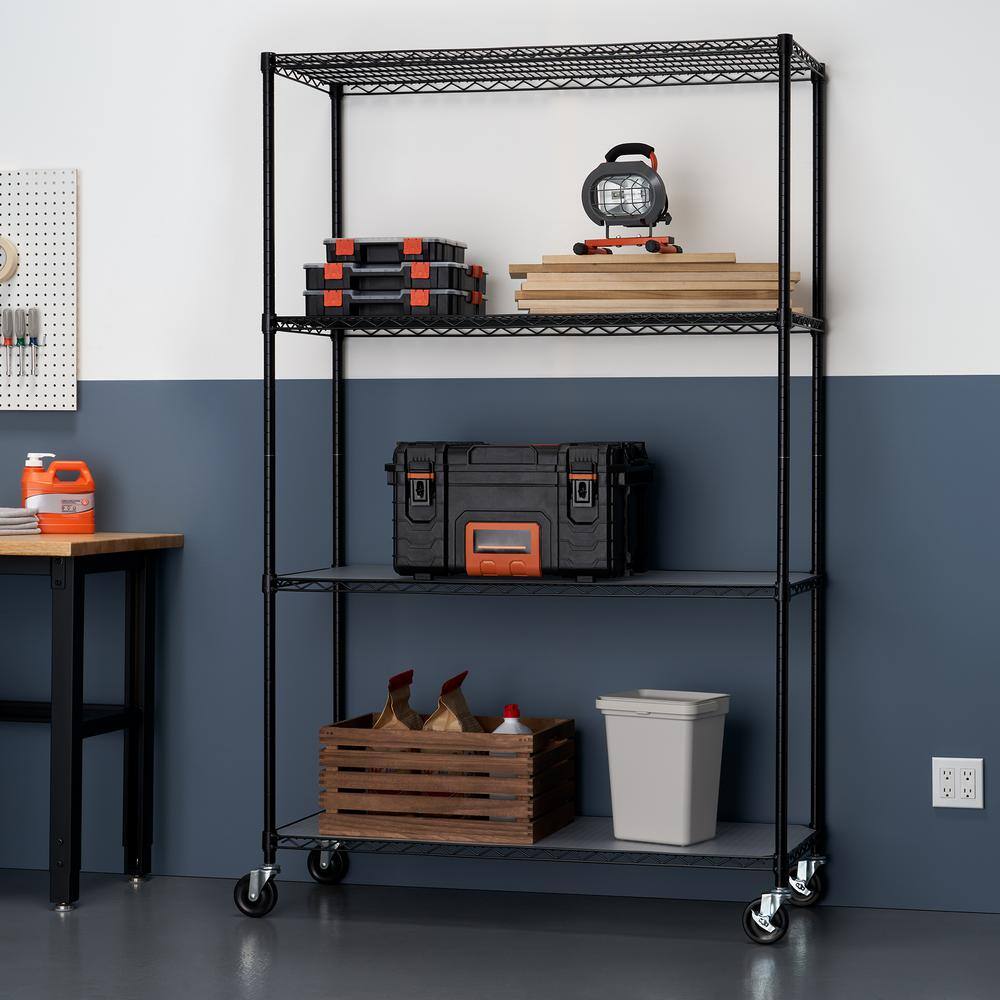 Trinity 4-Tier Black Steel Wire Shelving Unit on Wheels, 48x18x72