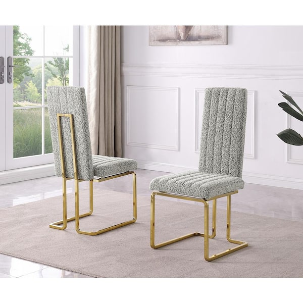 Best Quality Furniture Chuck Rich Grey Boucle Fabric Side Chair Set of 2 with Gold Chrome Plated Base