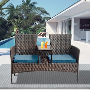 Leisure 2-Seat Brown Wicker Outdoor Loveseat Patio Conversation Set with Blue Cushions and Built-in Center Storage Table