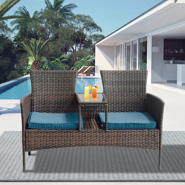 Yangming Leisure 2-Seat Brown Wicker Outdoor Loveseat Patio Conversation Set with Blue Cushions and Built-in Center Storage Table
