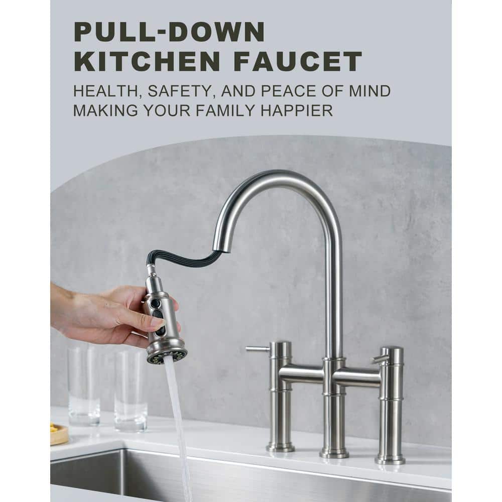 Brushed Nickel Double Handle Bridge Kitchen Faucet with Pull Down Sprayer