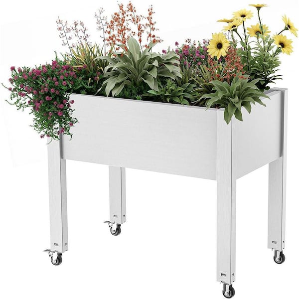 Resin Raised Garden Bed Raised Planter Box, for Patio Backyard Balcony, 4-Lockable Wheels (Ashen, 30 x 17.7 x 28.9)