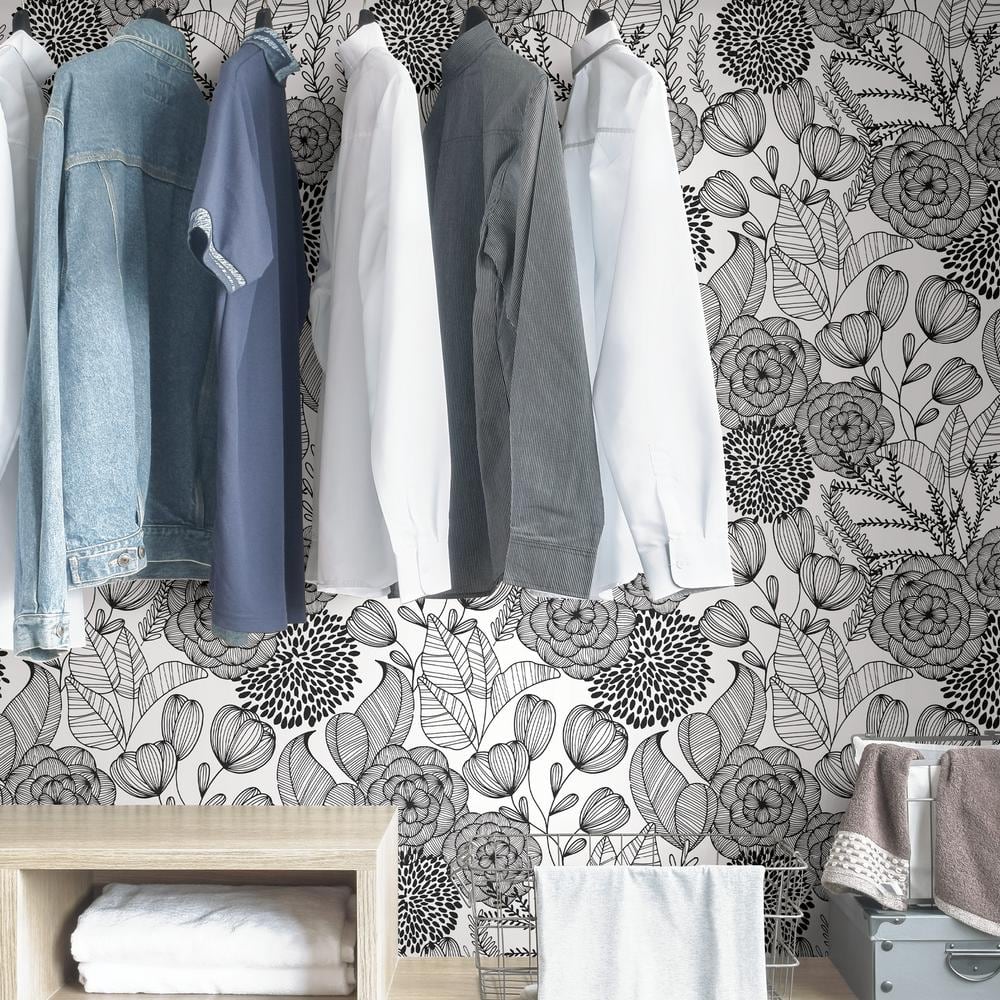 Black and White Floral Peel & Stick Vinyl Wallpaper