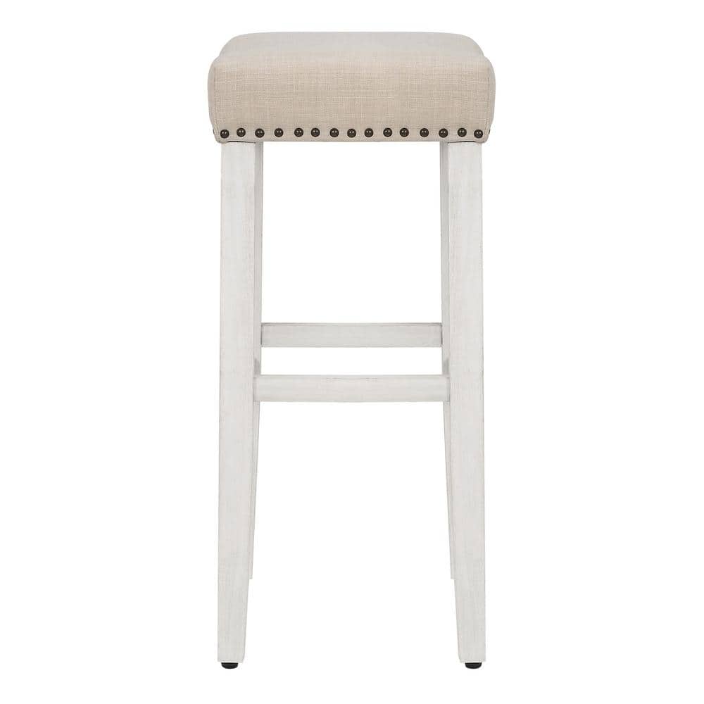 Antique White and Beige Upholstered Saddle Seat Bar Stools, 29" Wood