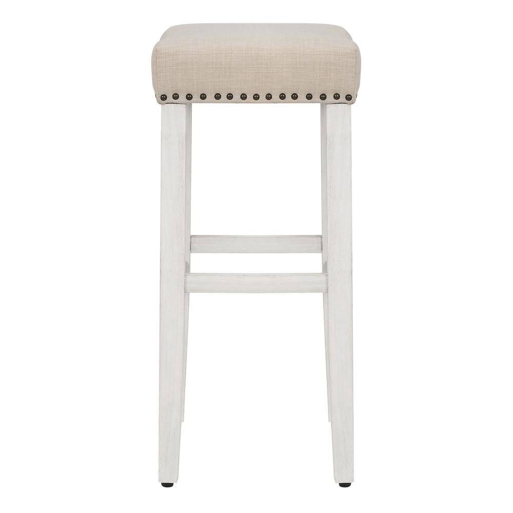 Antique White and Beige Upholstered Saddle Seat Bar Stools, 29" Wood