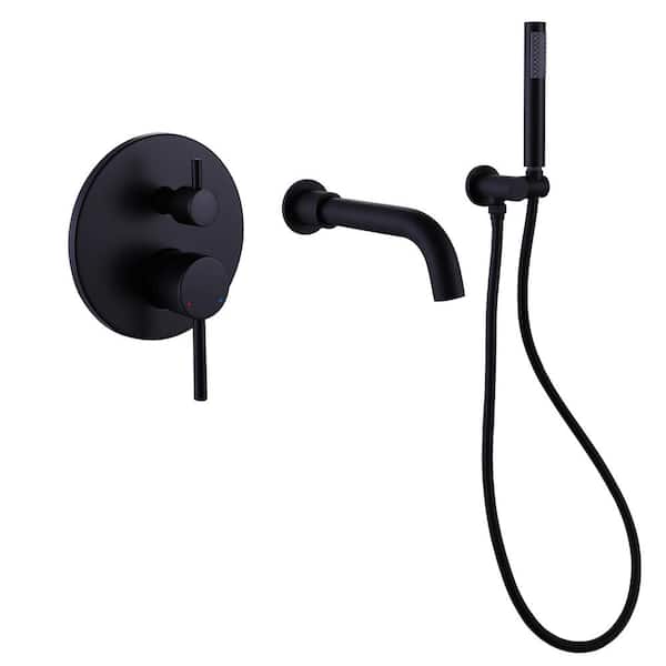 Maincraft 2-Handle Wall Mount Roman Bathtub Faucet with Hand Shower in Matte Black
