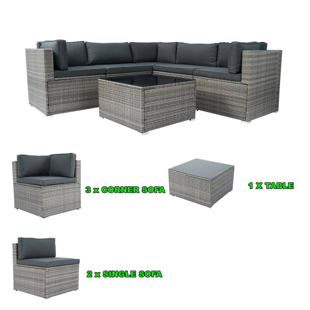 6-Piece Gray PE Rattan Wicker Outdoor Sectional Sofa Set with Dark Grey Cushions