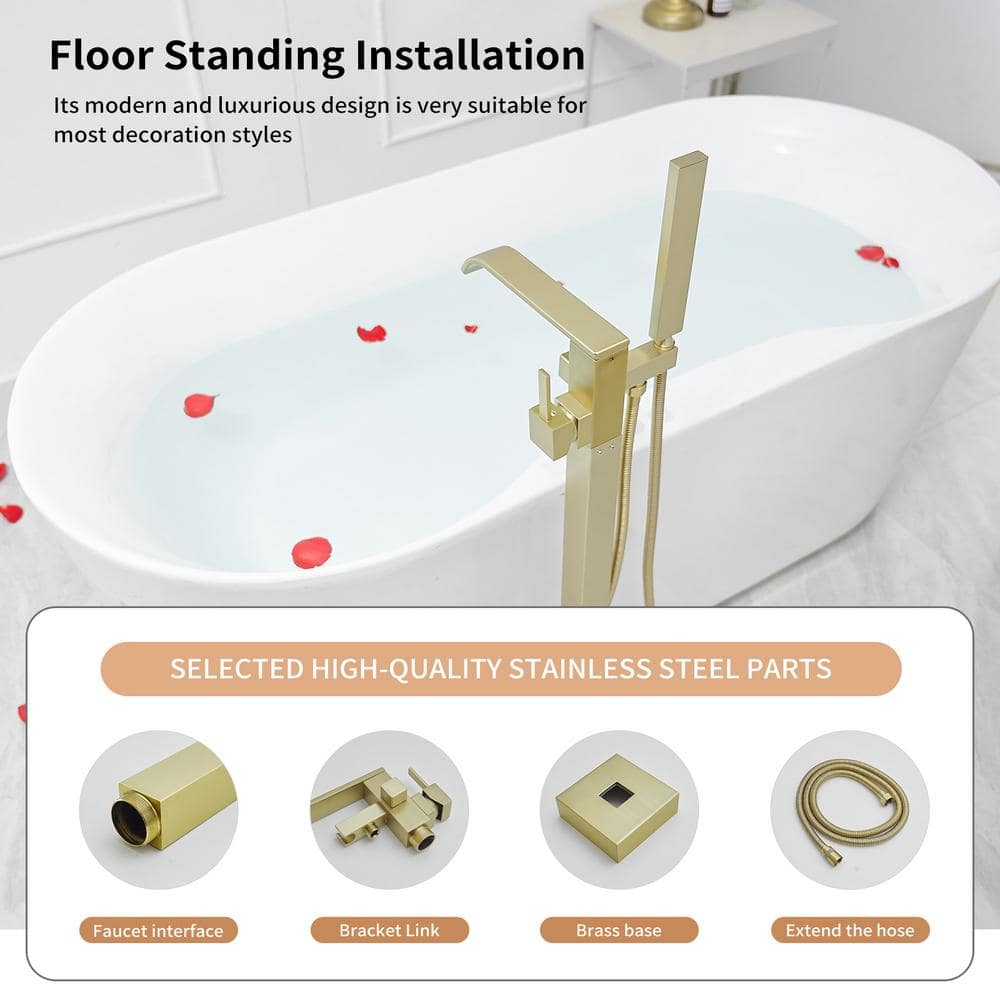 Brushed Gold Freestanding Roman Tub Faucet with Hand Shower