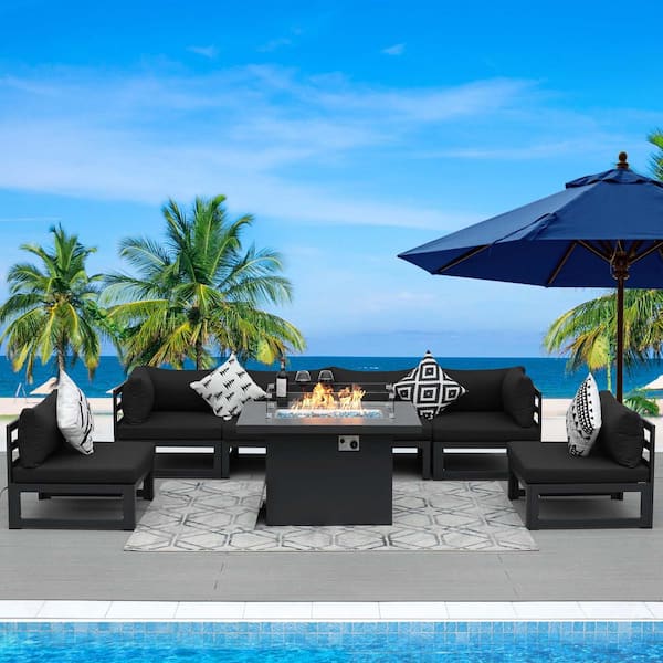 FINCATI 7-Piece Outdoor Patio Gray Aluminum Deep Seating Sofa Set, 55,000 BTU Fire Pit Table and Black Cushions
