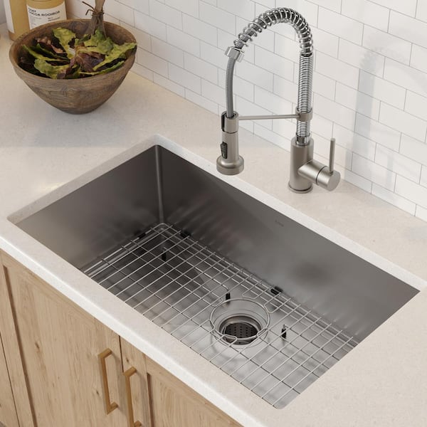 KRAUS Standart PRO 30 in. Undermount Single Bowl 16 Gauge Stainless Steel Kitchen Sink w/Faucet in Stainless Steel Matte Black