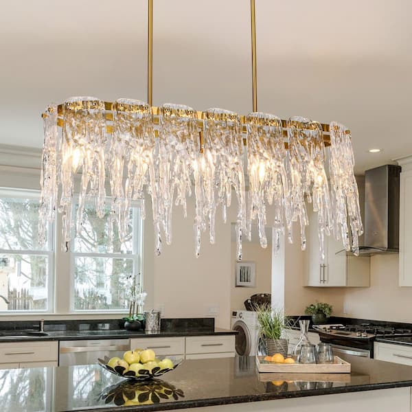 PAKOKULA Modern 5-Lights Gold Rectangular Linear Chandelier with Crystal Glass Shade for Kitchen Island