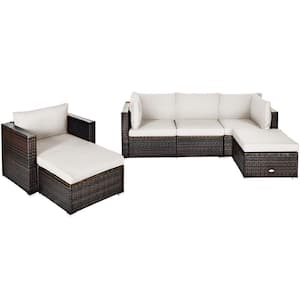 6-Piece Wicker Patio Conversation Set Sofa Chair Ottoman with White Cushions