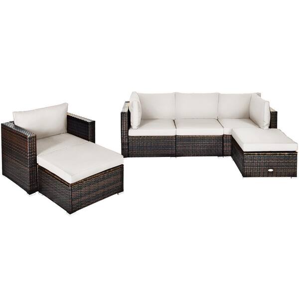 HONEY JOY 6-Piece Wicker Patio Conversation Set Sofa Chair Ottoman with ...