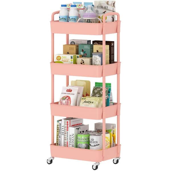 4-Tier Plastic -Wheeled Storage Utility Cart in Pink