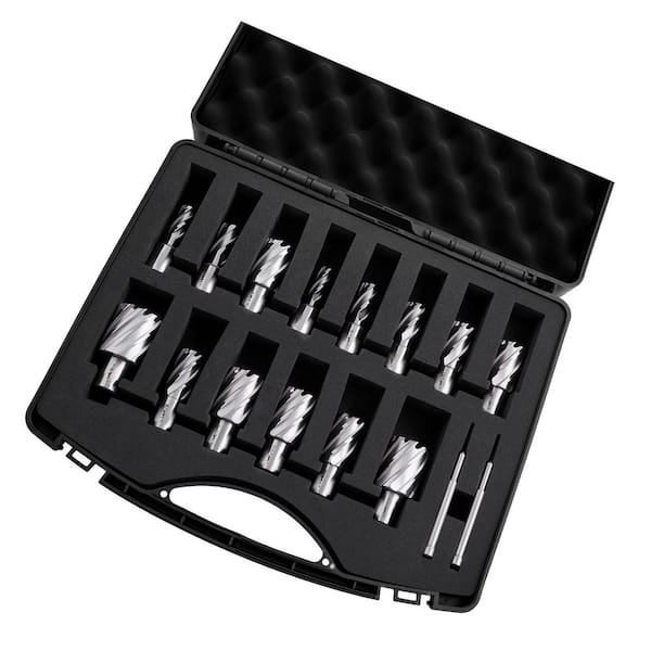 16-Piece Annular Cutter Set, 1 in. Depth, 7/16 in. to 1-3/8 in. Diameter, Weldon Shank Drill Bits Kit, 2 Pilot Pins