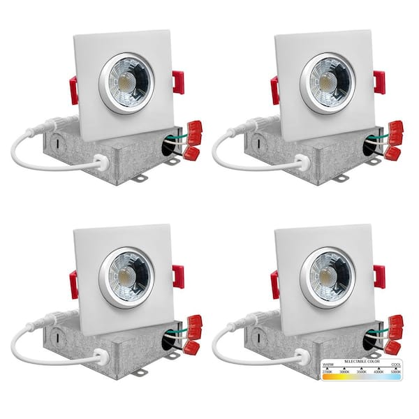 NuWatt 3 in. Canless White Square Gimbal Integrated LED Recessed Light Kit 5 CCT 2700K - 5000K New Construction (4-Pack)