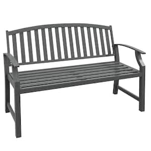 2-Person Gray Metal Outdoor Bench Wood Look Slatted Frame Furniture for Outdoor Use Backyard Patio Deck or Porch