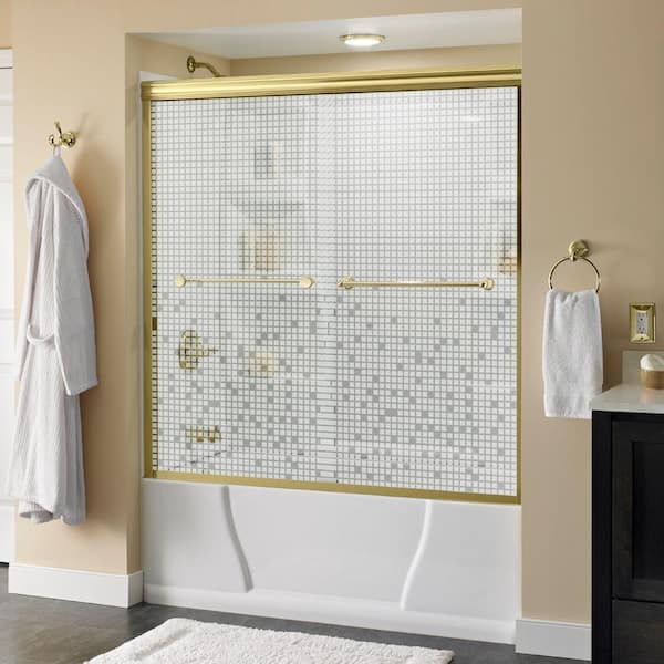 Delta Crestfield 60 in. x 58-1/8 in. Semi-Frameless Traditional Sliding Bathtub Door in Brass with Mozaic Glass