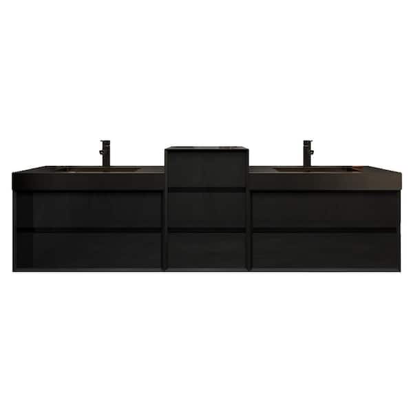 MIA 114 in. W x 20 in. D x 30 in. H Double Sink Middle Cabinet Bath Vanity in Gloss Black with Black Stainless Steel Top