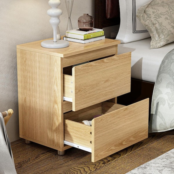 2-Drawer Natural Brown Wood Grain Nightstands Side Table Bedside Table 18.9 in. H x 15.7 in. W x 11.6 in. D