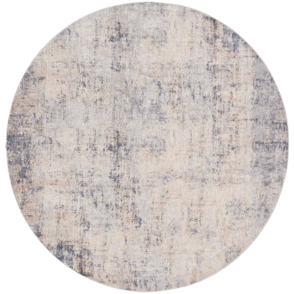 Abstract Grey & Beige Synthetic Round Area Rug, 7'10"