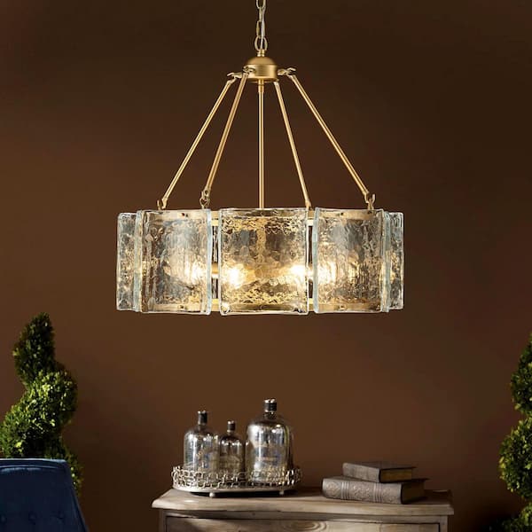 Aspen 5-Light Modern Gold Cylinder Drum Textured Glass Chandelier for Dining Room