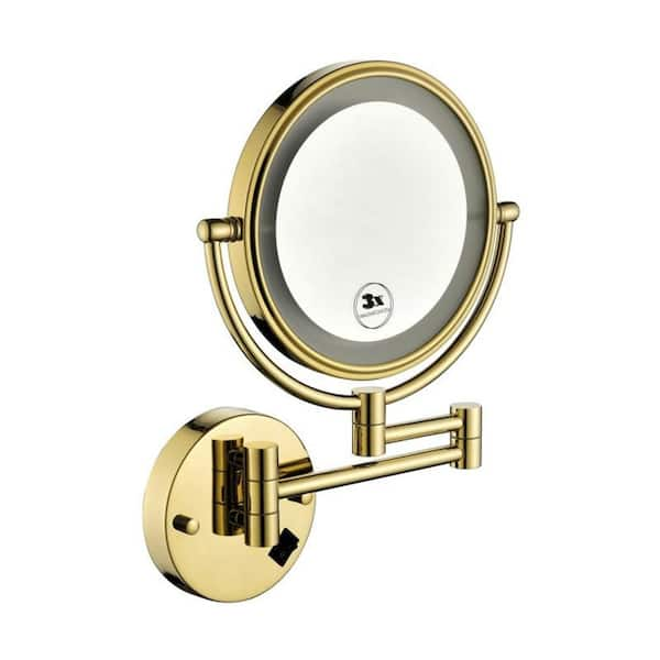 8 in. W x 13.38 in. H 1X/3X LED Lighted Round Wall Mount Makeup Mirror in Gold with 360°Rotation and Waterproof Button