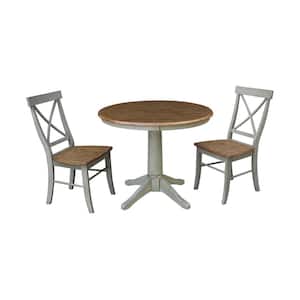 Olivia 3-Piece 36 in. Hickory/Stone Round Solid Wood Dining Set with X-Back Chairs