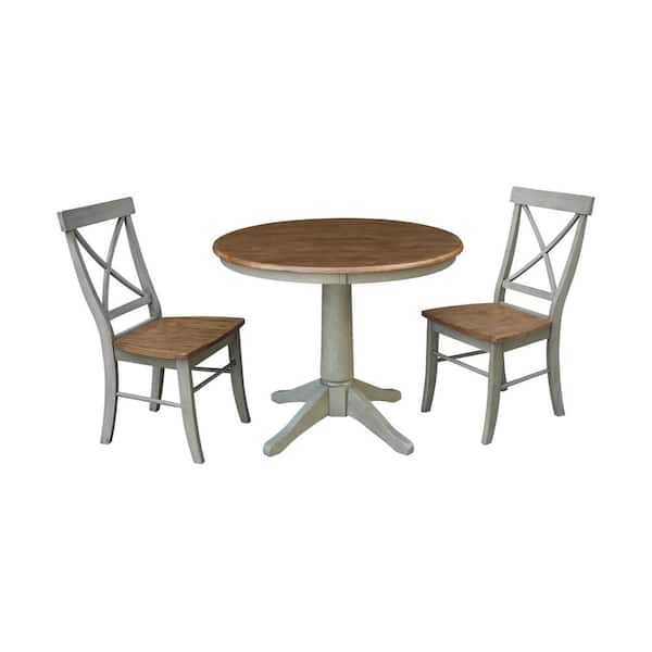 International Concepts Olivia 3-Piece 36 in. Hickory/Stone Round Solid Wood Dining Set with X-Back Chairs
