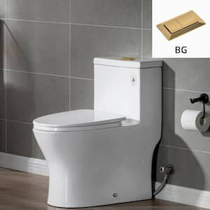 Elite 1-Piece 1.1/ 1.6 GPF Dual Flush Elongated Toilet in White with Seat Included and Brushed Gold Button