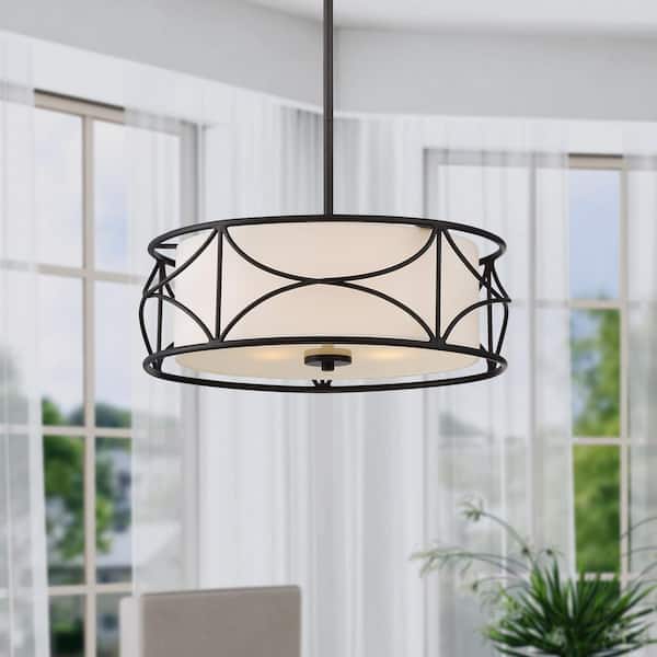 Avara 60-Watt 3-Light Oil Rubbed Bronze Traditional Pendant Light with White Fabric Shade and No Bulbs Included
