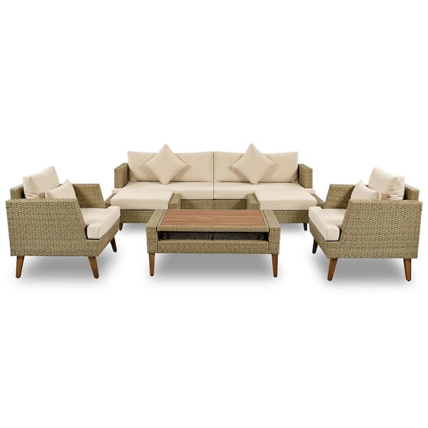 Sudzendf 6-Piece All Weather PE Wicker Outdoor Sectional Set-Brown Sofa with Double Beige Cushions