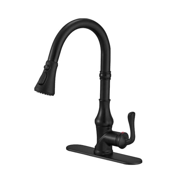 BWE Single-Handle Pull-Down Sprayer 3 Spray High Arc Kitchen Faucet With Deck Plate in Matte Black