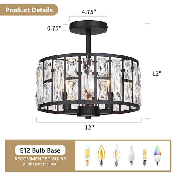 12 in. 3-Light Round Modern Black Drum Semi Flush Mount Ceiling Light with Clear Crystal Glass