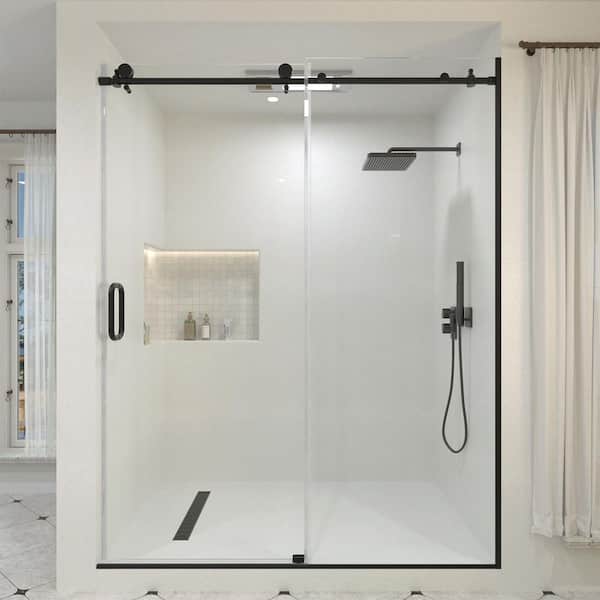 Hermitage Bath Ephemeral 60 in. W x 76 in. H Sliding Semi-Frameless Shower Door in Matte Black Finish with Clear Glass