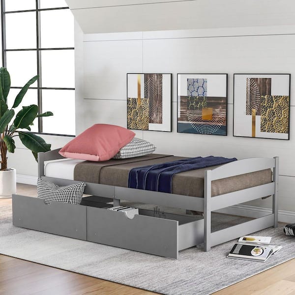 Gray Wood Frame Twin Platform Bed with 2-Drawers