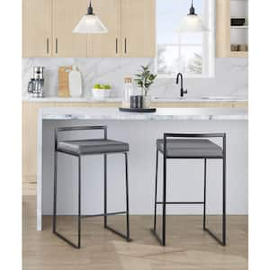 Fuji 27.75 in. Grey Faux Leather and Black Metal Stackable Counter Stool (Set of 3)