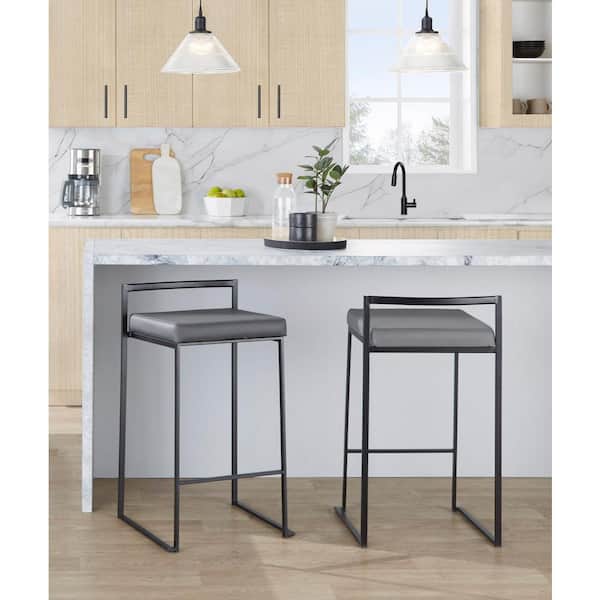 LumiSource Fuji 27.75 in. Grey Faux Leather and Black Metal Stackable Counter Stool (Set of 3)
