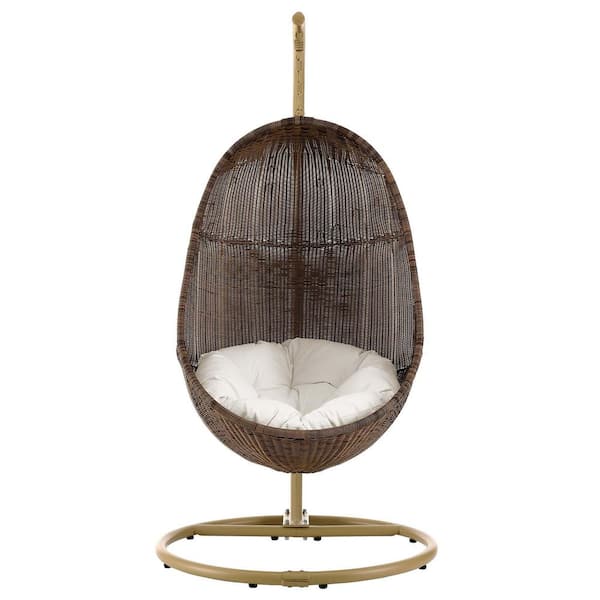 Bean Outdoor Patio Swing Chair With Stand in Coffee White-Synthetic Rattan Egg Chair Hammock