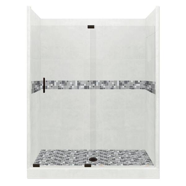 American Bath Factory Newport Grand Slider 34 in. x 60 in. x 80 in. Center Drain Alcove Shower Kit in Natural Buff and Black Pipe Hardware