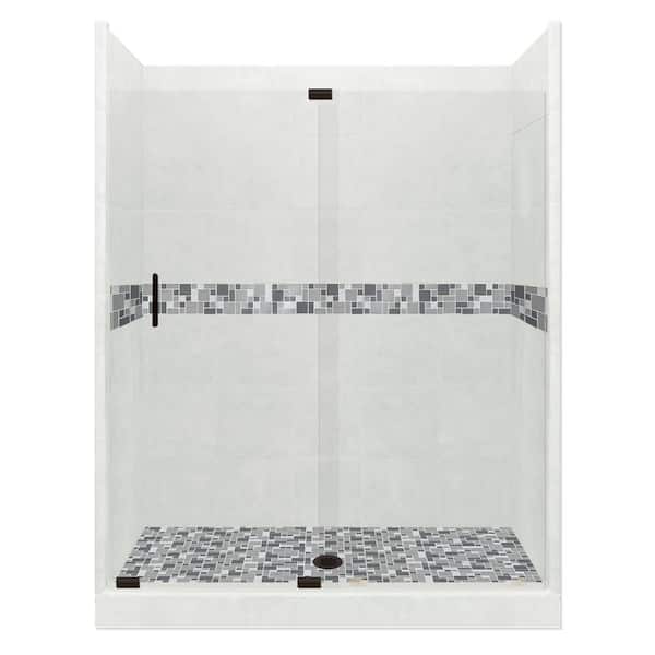 American Bath Factory Newport Grand Slider 42 in. x 60 in. x 80 in. Center Drain Alcove Shower Kit in Natural Buff and Black Pipe Hardware