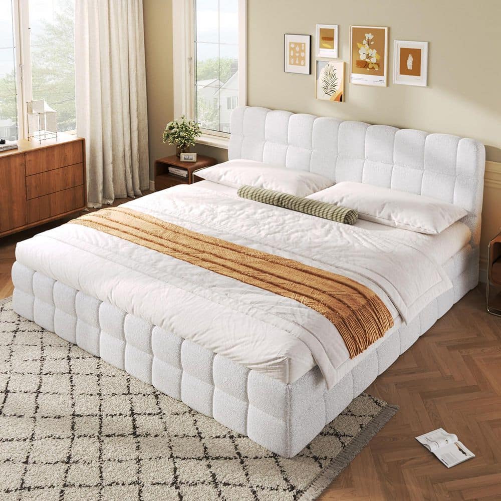 White Wood Frame King Size Berber Fleece Upholstered Platform Bed with Stitching Details price history on PriceWatchPro
