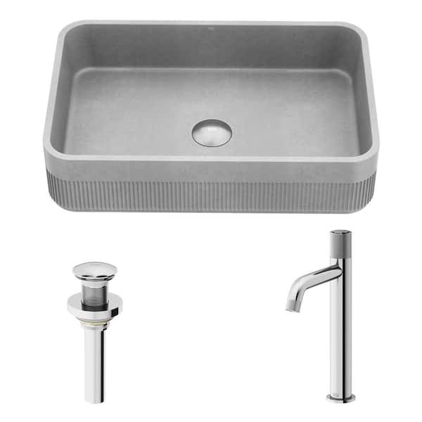 VIGO Cypress Gray Concreto Stone Rectangular Bathroom Vessel Sink with Apollo Vessel Faucet and Pop-Up Drain in Chrome