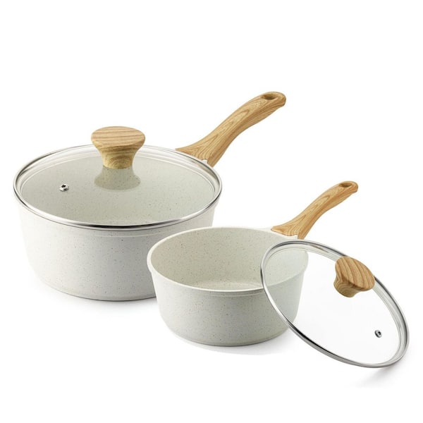 2pcs White Ceramic Nonstick Saucepan Set w Lid, Small Cooking Pot, StayCool Handle, Induction Compatible, PFOA/PFAS Free