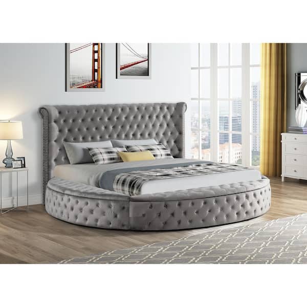 Best Master Furniture Isabella Grey King Tufted Round Platform Bed YY138GEK The Home Depot