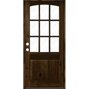 32 in. x 96 in. Knotty Alder Right-Hand/Inswing 9-Lite Arch Top Clear Glass Black Stain Wood Prehung Front Door