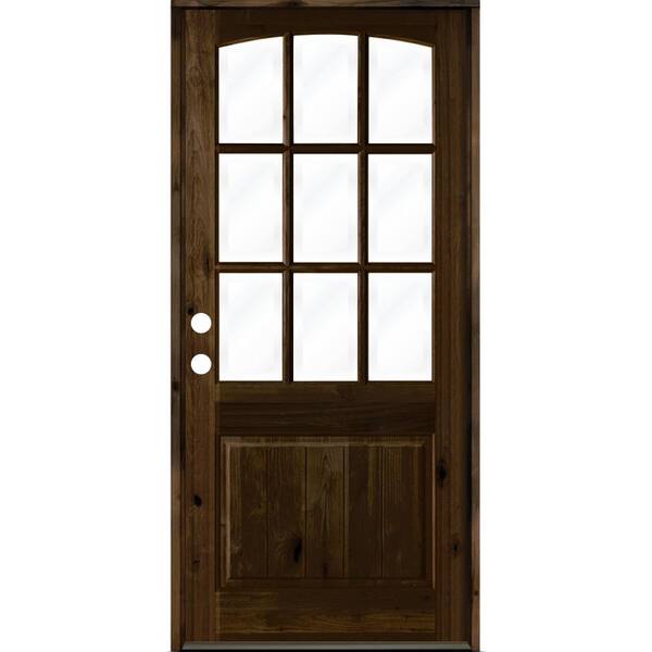 Krosswood Doors 42 in. x 96 in. Knotty Alder Right-Hand/Inswing 9-Lite Arch Top V-Panel Clear Glass Black Stain Wood Prehung Front Door