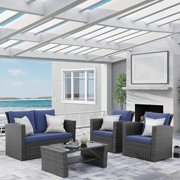 Unbranded 4-Piece Wicker Patio Conversation Set, Outdoor Sectional Sofa with Tempered Glass Coffee Table and Blue Cushions
